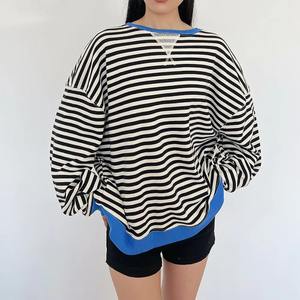 OEM Customized Logo <b>Patchwork</b> Jumper Cotton Long Sleeve Casual Crew Neck Pullover <b>Tops</b> Striped Oversized Sweatshirt for Women - Product Image 1