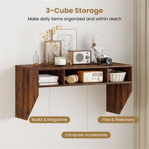 <b>Rustic</b> Brown Floating Wall-Mounted Computer <b>Desk</b> with 3 Cube Storage Sturdy Wooden Workstation for Home Office - Product Image 5