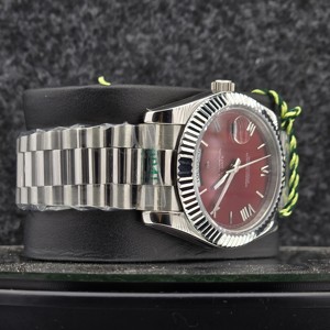 Montre de luxe pour homme 41 mm en acier inoxydable, automatique, mécanique, date, cadran rouge cerise, chiffres romains, style présidentiel, affaires, 12 mm 16 mm - Product Image 2