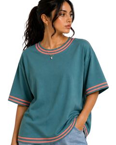 Teal Coral Stripe Women Oversized T Shirt Casual Crew Neck Short Sleeve Loose Fit Soft Breathable Summer Streetwear <b>Top</b> - Product Image 1