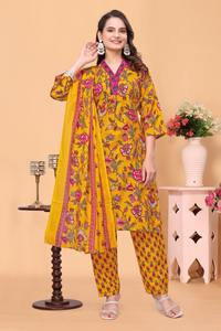 ชุดคุर्ตาพิมพ์ลายคอวีสีเหลืองสำหรับผู้หญิง คอลเลคชั่น Magic แฟชั่นรักษ์โลกและยั่งยืน ขายส่ง ไซส์ S ถึง 3XL - Product Image 2