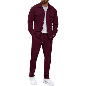 Chemise à manches longues en tissu gaufré bordeaux pour homme avec poches poitrine, col rabattu, tenue décontractée pour l'automne - Product Image 6