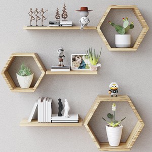 Walnut Wood <b>Hexagonal</b> Wall <b>Shelves</b> | Modern Floating Three-layer Display Shelving | Living Room | Wholesale - Product Image 1