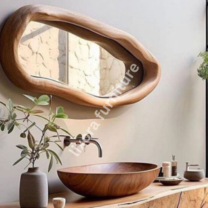 Miroir rond en bois massif sculpté à la main, décor mural artistique de luxe pour salon - Product Image 2