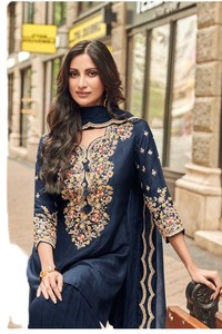 Salwar Kameez Tradicional para Mujer en Faux Georgette Azul Marino, Bordado, Largo hasta el Suelo, para Fiestas y Bodas, Estilo India/Pakistán - Product Image 2