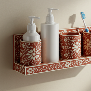 ชั้นวางติดผนังลายดอกไม้ดินเผาแบบช่างฝีมือ พร้อมชุดอุปกรณ์ตกแต่ง 5 ชิ้น สไตล์ฝังกระดูก สำหรับห้องน้ำ ทาสีด้วยมือ - Product Image 5