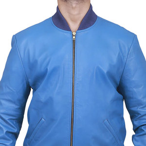 <b>Men's</b> Blue PU Bomber <b>Jacket</b> Casual Zipper Closure Turn-Down Collar Winter Wear OEM/ODM Service <b>Leather</b> <b>Jacket</b> For Sale - Product Image 2