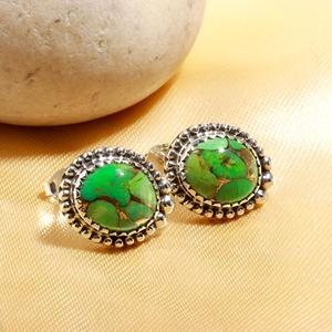 <b>Stud</b> Oval Shaped Cute Green Copper <b>Turquoise</b> Gemstones <b>Earrings</b> 925 Solid Sterling Silver Bezel Set Fashionable Jewelry Sunrise - Product Image 2