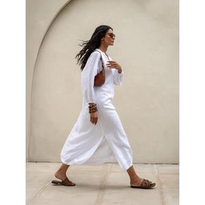 Vestido largo de lino y algodón blanco para mujer, sin mangas, con botones, cuello en V, elegante vestido largo de verano - Product Image 4