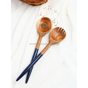 Vente en gros d'outils à salade en bois d'acacia bleu élégant ensemble d'ustensiles de cuisine en émail cuillère de service à salade pour le mélange pour la cuisson - Product Image 3