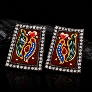 Bulk Price Antique <b>Silver</b> Plated Cute Geometric Bezel Setting Traditional Hand Painted Minakari Artwork <b>Stud</b> <b>Earrings</b> Women - Product Image 4