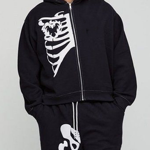 Conjunto Deportivo para Hombre con Estampado de Esqueleto Negro, Sudadera con Capucha y Cierre Completo, Pantalones Anchos, Estilo Casual Urbano para Otoño - Product Image 3