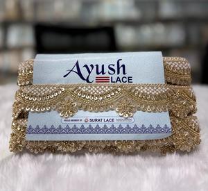 Beautiful Indian Kaftan Saree Lace Border Scalloped Hand Look Pearl Bead Mirror Work Wholesale Decorative Sewing <b>Material</b> - Product Image 1