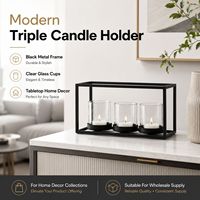 Candelabro Moderno de Metal Negro y Vidrio con 3 Luces y Copas Cilíndricas Transparentes para Decoración de Mesa, Hogar y Bodas