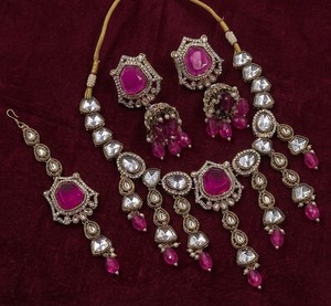 Elegant High Quality Brass Gold-Plated Bridal Shadow Choker Set Earrings Maang Tikka Rhodium Plated Zircon Ethnic Third Party - Product Image 3