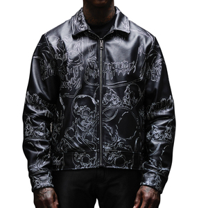 Veste d'hiver en cuir noir surdimensionnée à fermeture éclair, coupe ample, en cuir épais rembourré en coton, entièrement brodée, personnalisée OEM - Product Image 1