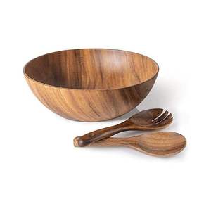 Bol à salade en bois d'acacia fait main avec ustensiles de service, grain naturel poli, vaisselle écologique, ensemble de service alimentaire, cadeau de fête - Product Image 1