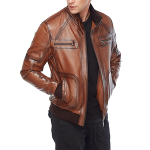Veste en cuir de mode à col montant zippé à manches longues de couleur unie, veste en cuir décontractée de haute qualité pour hommes - Product Image 2