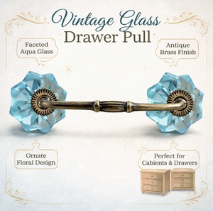 Vintage Glass Drawer Pull Faceted Aqua Crystal Antique Brass Finish Ornate Floral Design for Cabinets and Drawers - Product Image 1