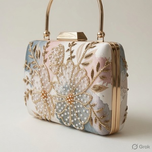 Elegant Pearl Decorated Fashion Floral Embroidered Silk Women's Clutch <b>Bag</b> with Zipper Closure and Metal Handle for Evening Use - Product Image 2