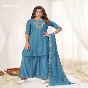 Proveedor de conjuntos de Kurti Anarkali, Plazzo y Dupatta de la mejor calidad, con bordado multihilo hecho a mano, de Mal Chanderi, desde India. - Product Image 1