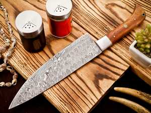 Cuchillo de chef de acero de Damasco de 8 pulgadas con punta caída y borde biselado, mango de madera con incrustaciones de resina, cuchillo de cocina - Product Image 4