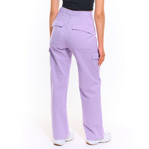 Pantalones Cargo Lavanda para Mujer, Cintura Media, Corte Holgado, Largos, Color Sólido, Estilo Casual, con Bolsillos, 100% Algodón, Transpirables, Pierna Ancha - Product Image 2