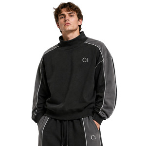 Ensembles de sweats à capuche noirs oversize urbains, personnalisables OEM, avec panneau à passepoil contrastant, sweat-shirt à col montant et joggers coupe ample en molleton épais, faible MOQ - Product Image 2