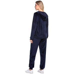 Chándal de Forro Polar Azul Marino para Mujer, con Capucha, Manga Larga, Cintura Elástica/Cierre con Cordón, Corte Holgado, Color Sólido, Ligero, Informal, para Invierno - Product Image 2
