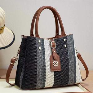 Classic Striped PU Leather Tote Handbag with Removable <b>Strap</b> Zipper Closure Waterproof 3L+ Capacity for Women Daily Use Easter - Product Image 1