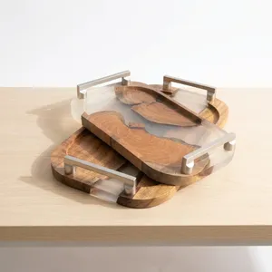 Bandeja de servir de madera y resina de alta calidad, forma rectangular, diseño minimalista, hecha a mano con asas para decoración del hogar al mejor precio. - Product Image 6