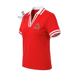 เดลต้า |   ซิกมา |   เสื้อโปโล Theta Sorority สำหรับผู้หญิง ผ้าปิเก้ ลายทางสีแดงขาว คอวี แขนสั้น ปักลายตราสัญลักษณ์ คอปก - Product Image 2