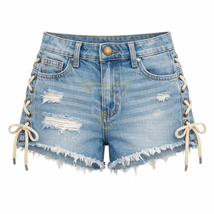 OEM Women's Jeans Shorts 100% Cotton Quick Dry <b>Elastic</b> Waist Latest Fashion Stylish Ripped Design <b>Lace</b>-Up Sides Comfortable - Product Image 5