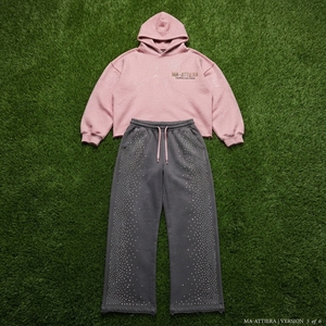 Ensemble survêtement streetwear rose personnalisé pour femme avec strass, en molleton de coton, coupe oversize, vente en gros OEM - Product Image 6