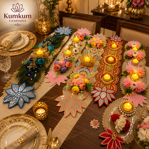 Trending <b>Mirror</b> Lotus Floral Beads Candle Table Runner Set for Diwali Wedding Festive Housewarming Party Dining Table Home Decor - Product Image 3