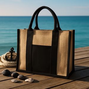 Sac fourre-tout en jute naturel grande capacité, noir avec bordure contrastante, écologique, pour la plage et le shopping, pour femmes - Product Image 1