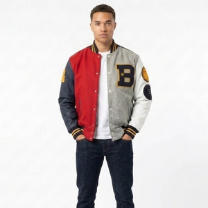 Men's Color Block Varsity <b>Jacket</b> With Embroidered B Logo And Patch Designs Preppy Style Autumn Wear - Product Image 1
