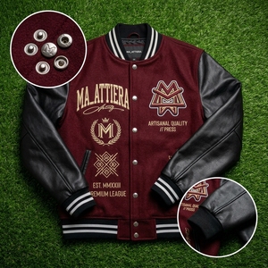 Men <b>Burgundy</b> Letterman <b>Jacket</b> Wool Body Black <b>Leather</b> Sleeves Embroidered Bomber <b>Jacket</b> Custom OEM ODM - Product Image 5