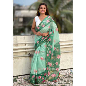 ชุดราตรีผ้าทอเอลีทสีเขียวทะเล ผ้าชานเดรีคอตตอนพิชไวพิมพ์ลาย พร้อมขอบผ้าทอแบบซารี - Product Image 2