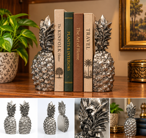 Lot de 2 serre-livres ananas en aluminium argenté antique, sculptures texturées de fruits tropicaux, supports décoratifs en métal - Product Image 5