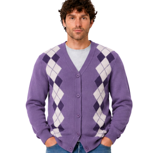 <b>Mens</b> Argyle V Neck <b>Cardigan</b> Knitted Sweater Button Front Long Sleeve Classic Casual Warm Varsity Autumn XL - Product Image 1
