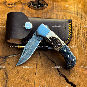 High Quality Best Seller Damascus Steel Folding Knife ELK Horn Handle Hunting Knife EDC OEM Folding Pocket Knife with Pouch - Product Image 3