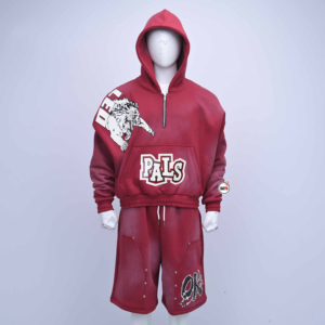 Sudadera con capucha roja de alta calidad para hombre, de corte holgado, con media cremallera, estampado de oso y logotipo Pals en la parte delantera, diseño de ajuste regular, estilo urbano para otoño. - Product Image 6