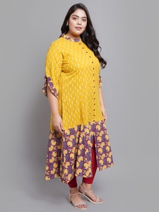 Cotton Anarkali <b>Kurti</b> In Mustard Ikat And Floral Print With Ruffle Sleeves Mandarin Collar For Plus Size Women's Wear - Product Image 3