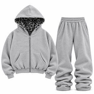 Ensemble sweat à capuche zippé et pantalon de survêtement gris réversible double face unisexe, personnalisable avec logo imprimé, hiver, coupe oversize, 100 % coton - Product Image 1