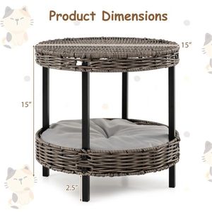2-Tier Rattan Cat Bed with Washable Padded Cushion Metal Legs Gray Finish-66 Lbs Total Capacity Pet Beds - Product Image 4