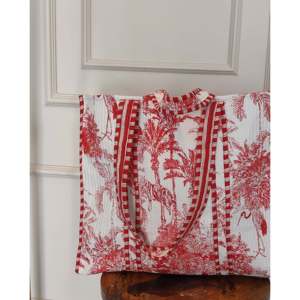 Sac fourre-tout en coton matelassé indien fait main |   Sac fourre-tout en tissu réutilisable et écologique, sac fourre-tout Hazy Forest rouge et blanc, élégant - Product Image 1