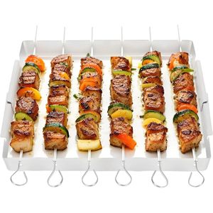 Griglia BBQ Pieghevole in Acciaio Inox con Set di 6 Spiedini Riutilizzabili da 33 cm per Feste e Cene all'Aperto e al Chiuso - Product Image 1