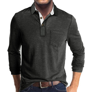 <b>Men's</b> Gray <b>Long</b> <b>Sleeve</b> <b>Polo</b> <b>Shirt</b> With Chest Pocket Casual Knitted Cotton Jersey Breathable Solid Color Regular Fit - Product Image 5