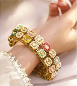 Brazaletes de Aleación Chapados en Oro para Mujer con Cristales de Imitación y Perlas de Imitación, Diseño Geométrico Bohemia para Boda - Product Image 2